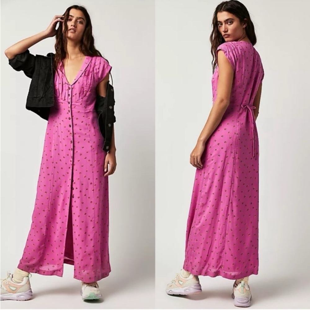 NWOT Free People Rosemary Dress, Pink Strawberry Print Midi, XS